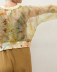 The back of a model wearing a see-through silk top with notes of yellow, green and orange in a tie-dye type style.