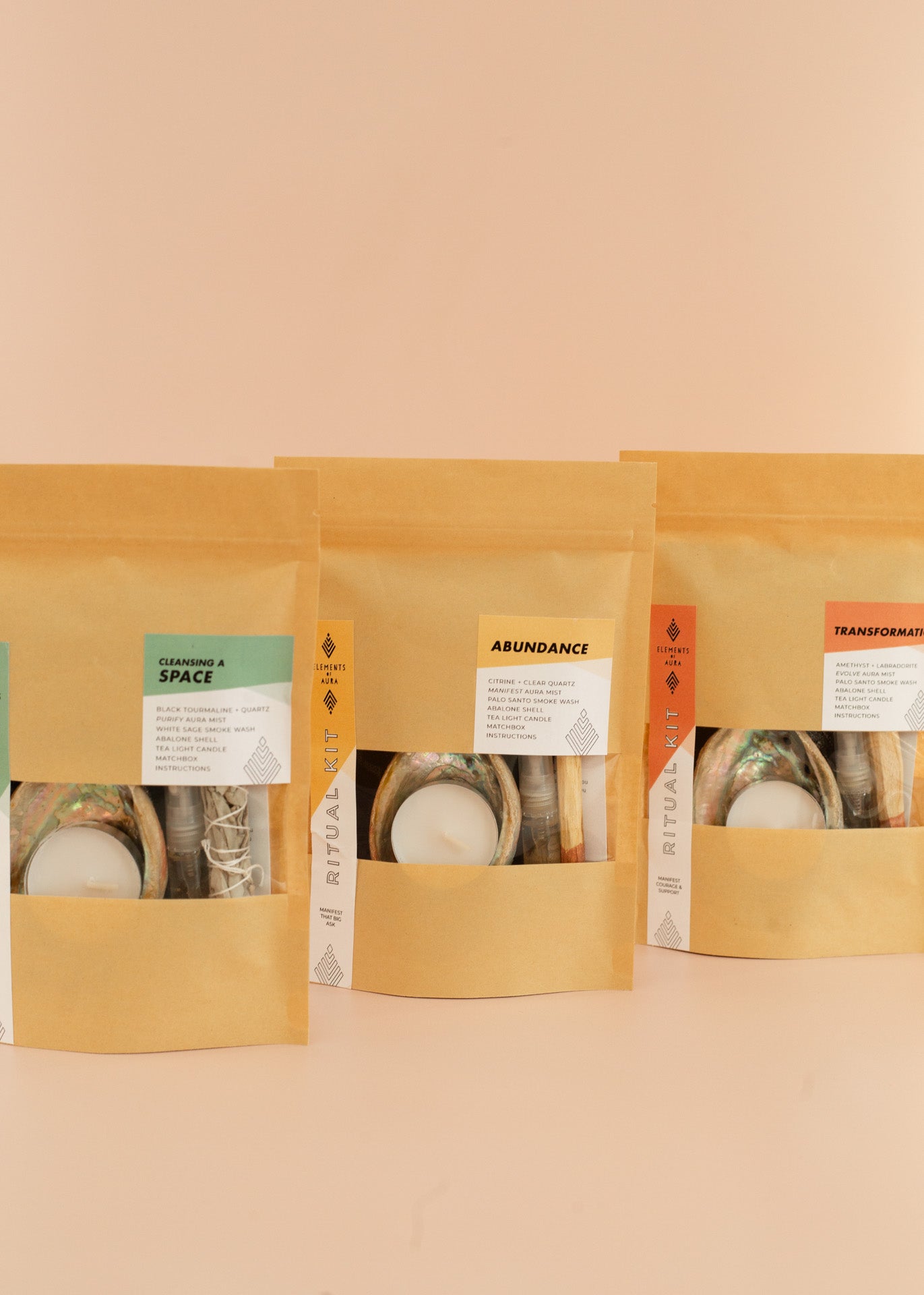 Three kit bags including cleansing a space, abundance, and transformation