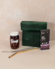 Emerald Eco-Friendly Lunch Bag With Boon Sauce, Raaka Chocolate and Two Reusable Straws laying in front