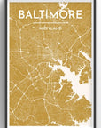 Baltimore Map Print in Golden Yellow