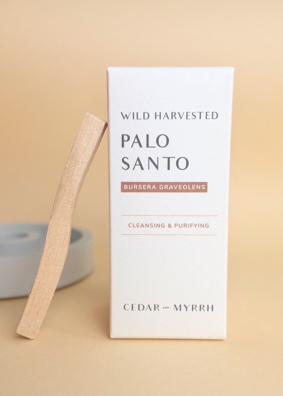 box of palo santo sticks with one leaning against it