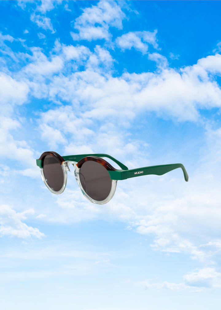 Photo of green and tortoise sunglasses with a sky background