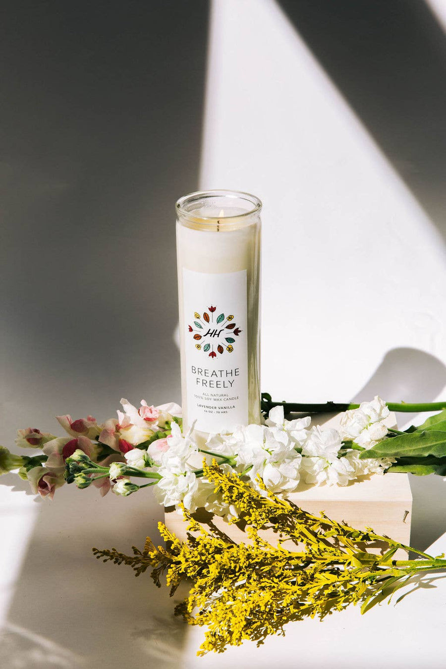 Breathe Freely Prayer Candle With Wildflowers Surrounding
