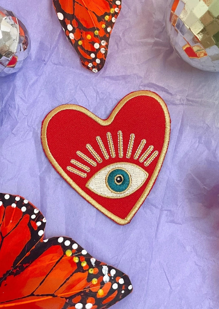 Red Heart Evil Eye Embroidered Iron On Patch