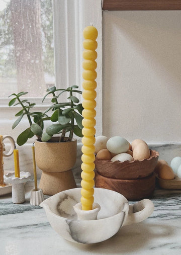 Stacked Taper Candle in NAtural Beeswax in Ceramic Candle Holder