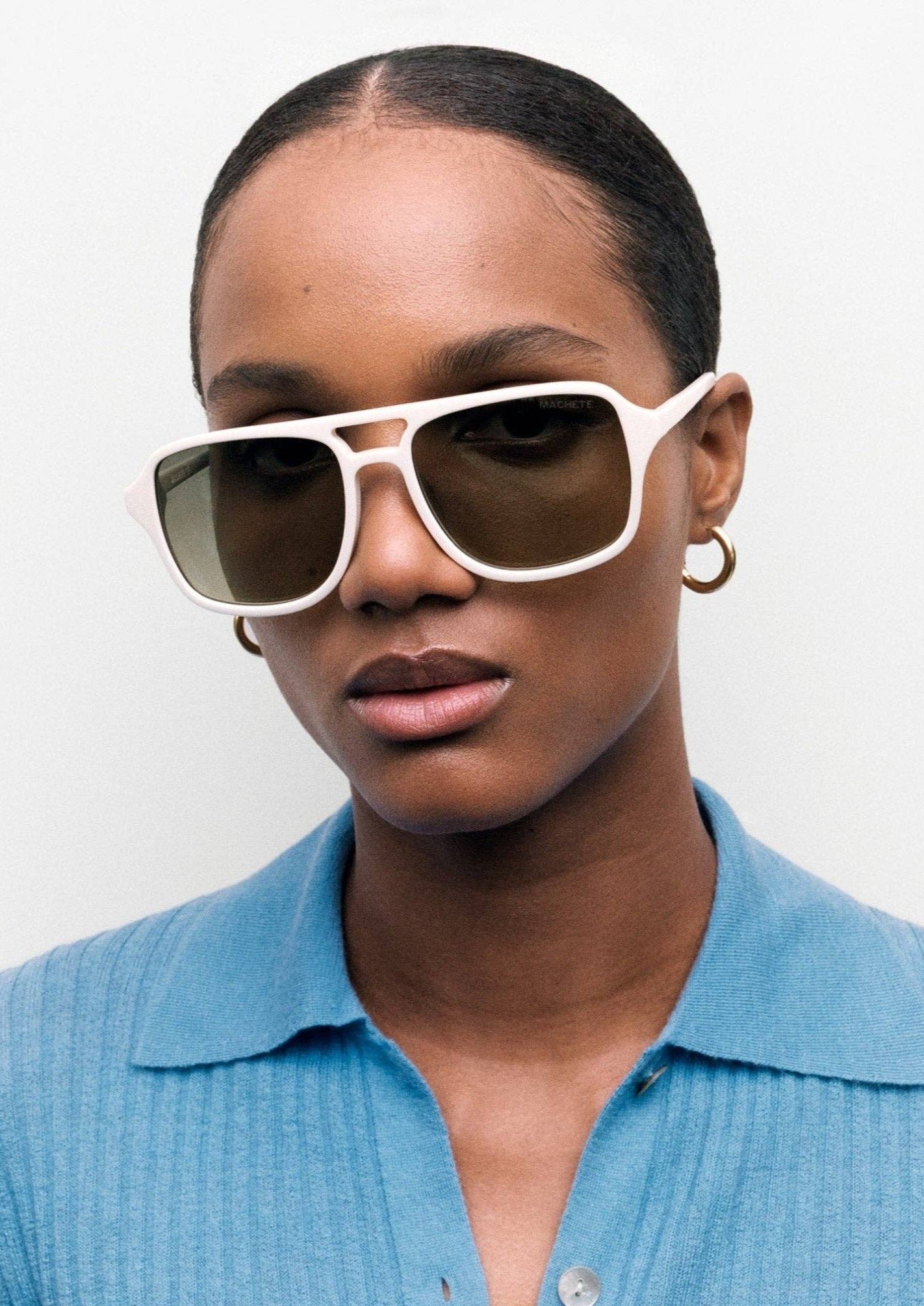 Model Wearing Jane Sunglasses in White