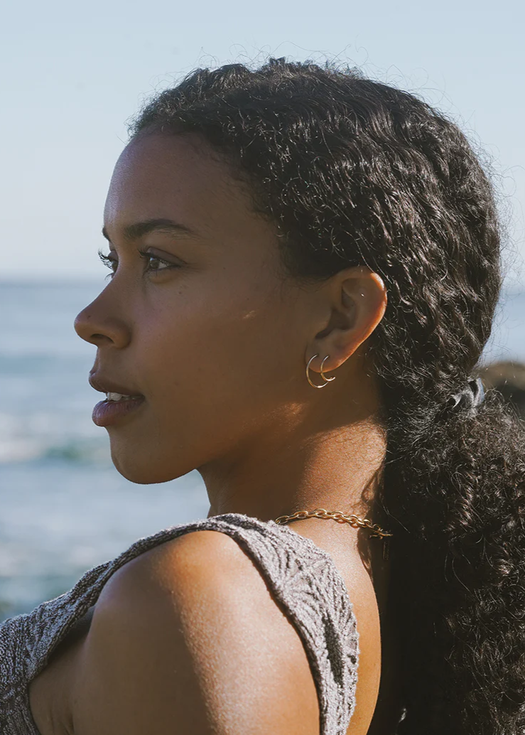 Satsuma gold double hoops by Baleen featured on a model