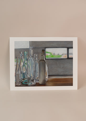 Photo of an art print with multiple glass bottles for an italian series. Standing on a light pink background