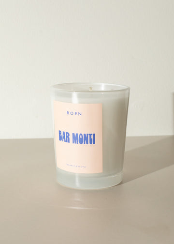 italian inspired candle named Bar Monti with retro inspired colors and font for the label