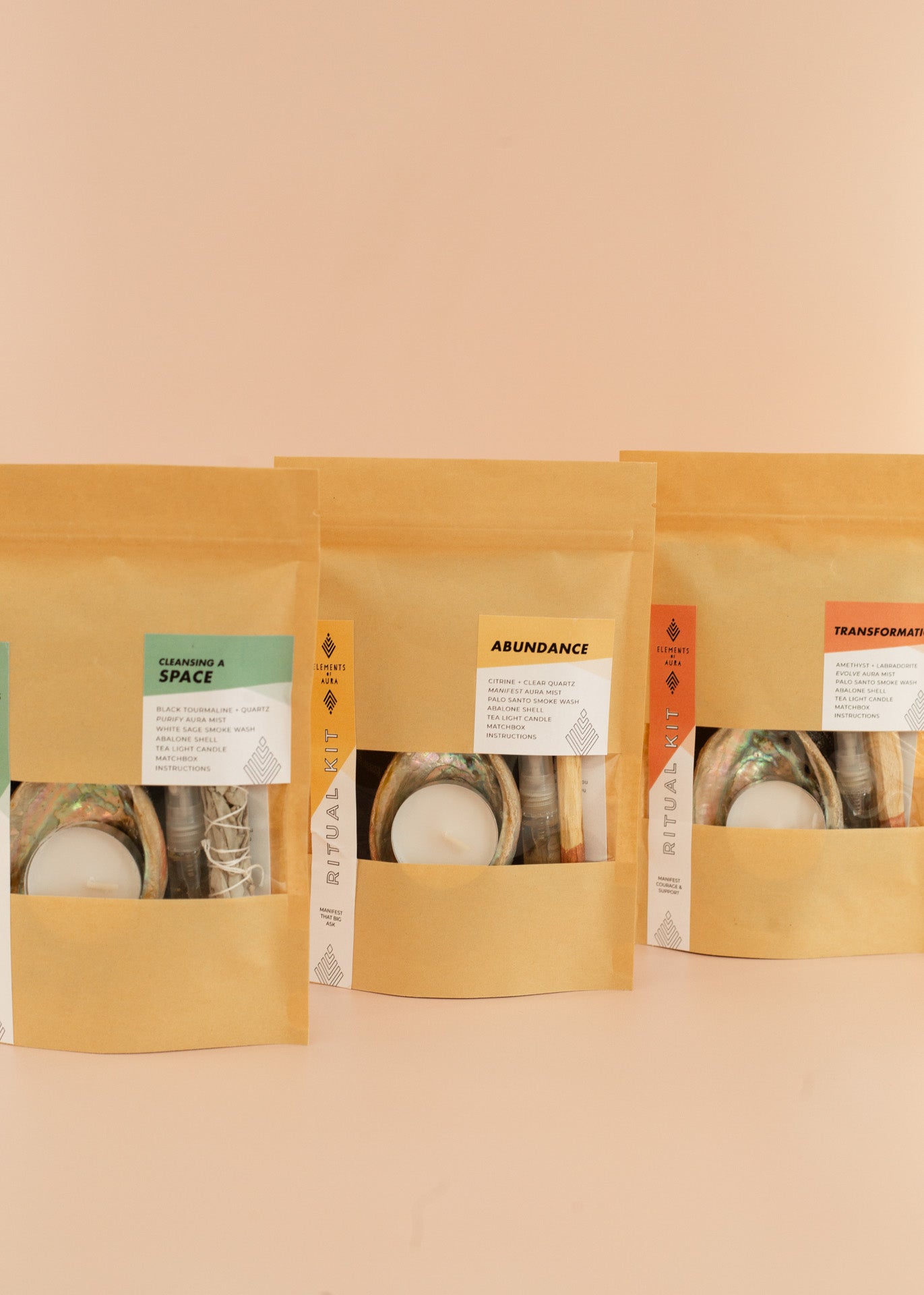 Three ritual kit bags, one cleansing a space, abundance and transformation