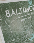 Close-up of art print of baltimore map in a sea green color