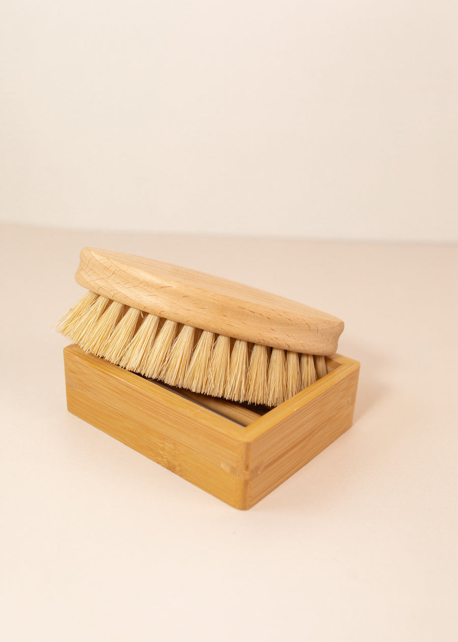 Sustainable cleaning brush on top of a soap rack