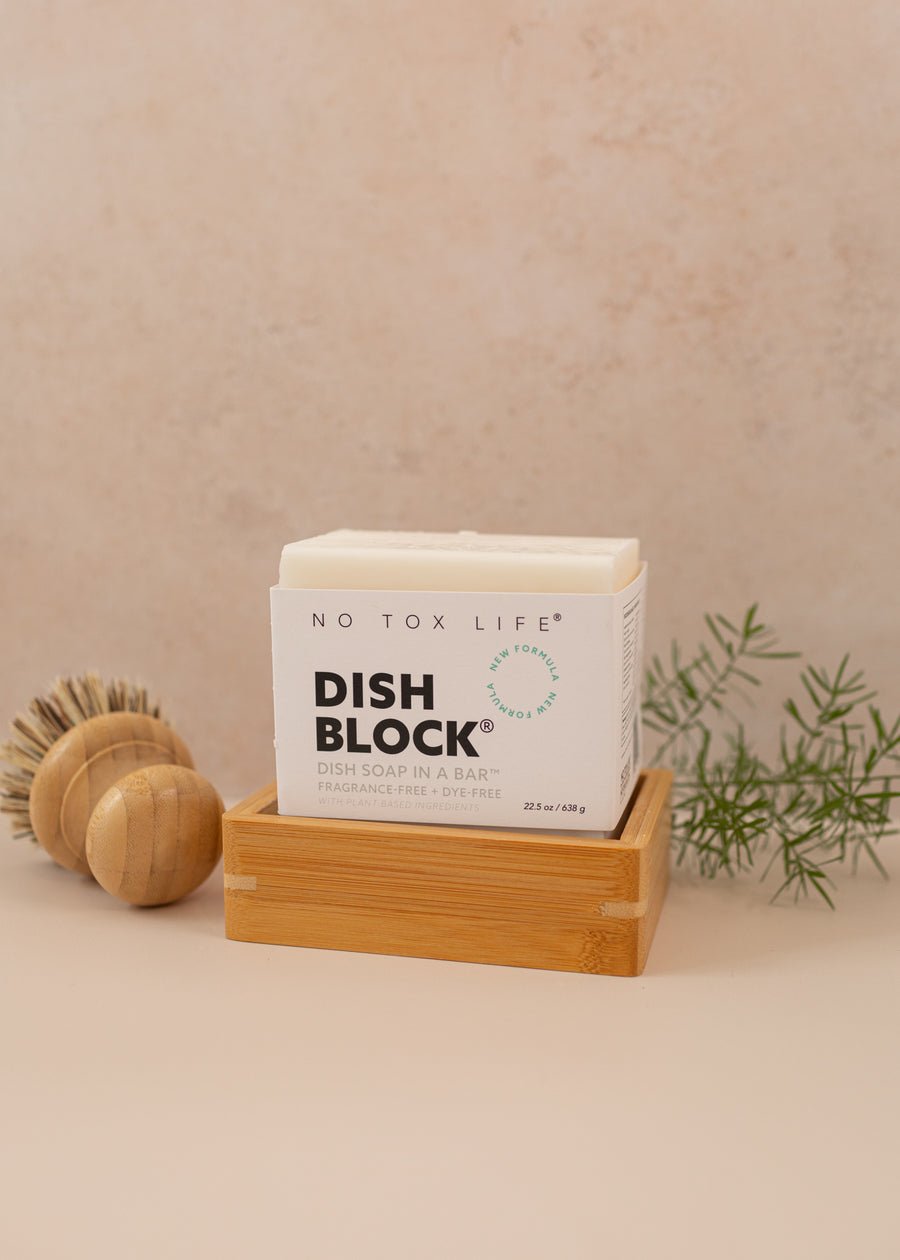 White dish block in a soap tray sitting on a light pink backdrop, with a brush cleaner and a green branch in the background