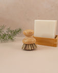 A dish brush on a pink backdrop with a dish block in the background