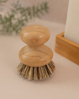 Close-up of dish brush on a light pink background