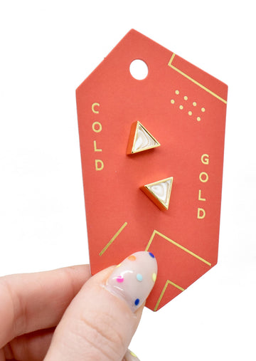 Model Holding Jewelry Card with Crystal Quartz Triangle Studs