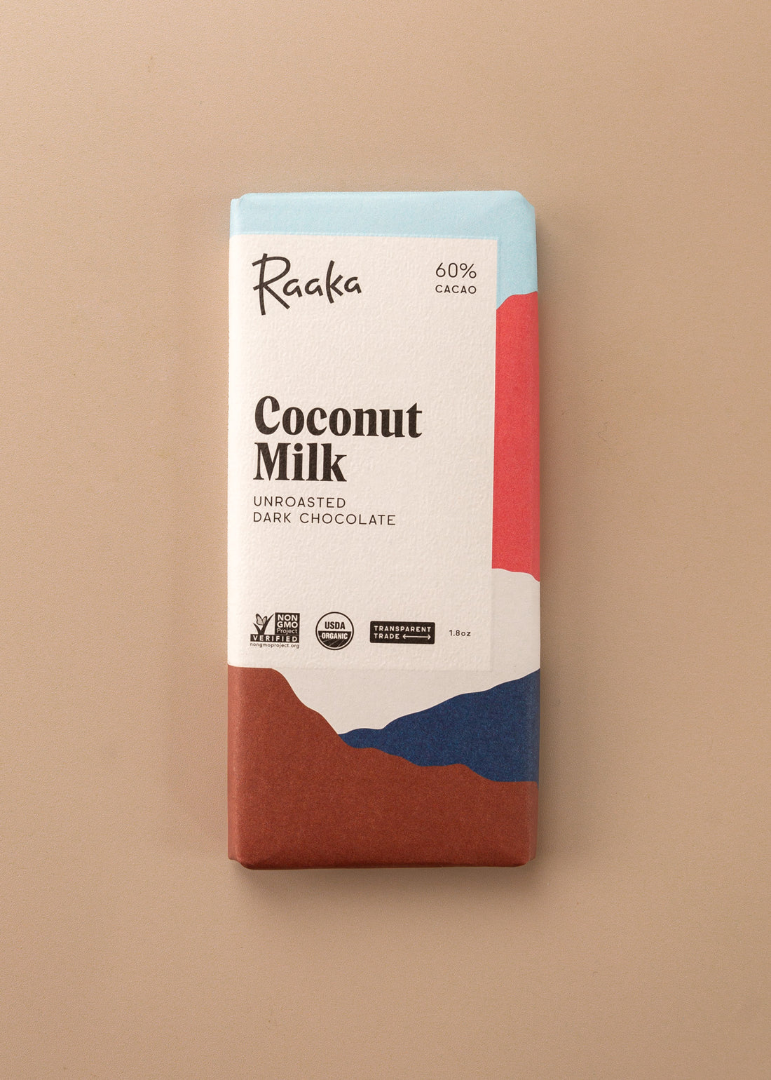 flatlay of an unroasted dark chocolate bar ‘coconut milk’ by Raaka. Cover is layers of colors in a variety of white, blue, pink and brown