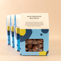 Four house-shaped blue boxes with fun shapes throughout. Front of the box is a small window to see the malt balls, and the top states “milk chocolate malt balls. Milk chocolate. Smooth Ecuadorian milk chocolate gives an update to this classic confection. Our light, moreish malt ball centers are crisped to perfection before being tumbled in a thick layer of creamy milk chocolate. You’ll want to keep a box of them nearby at all times”