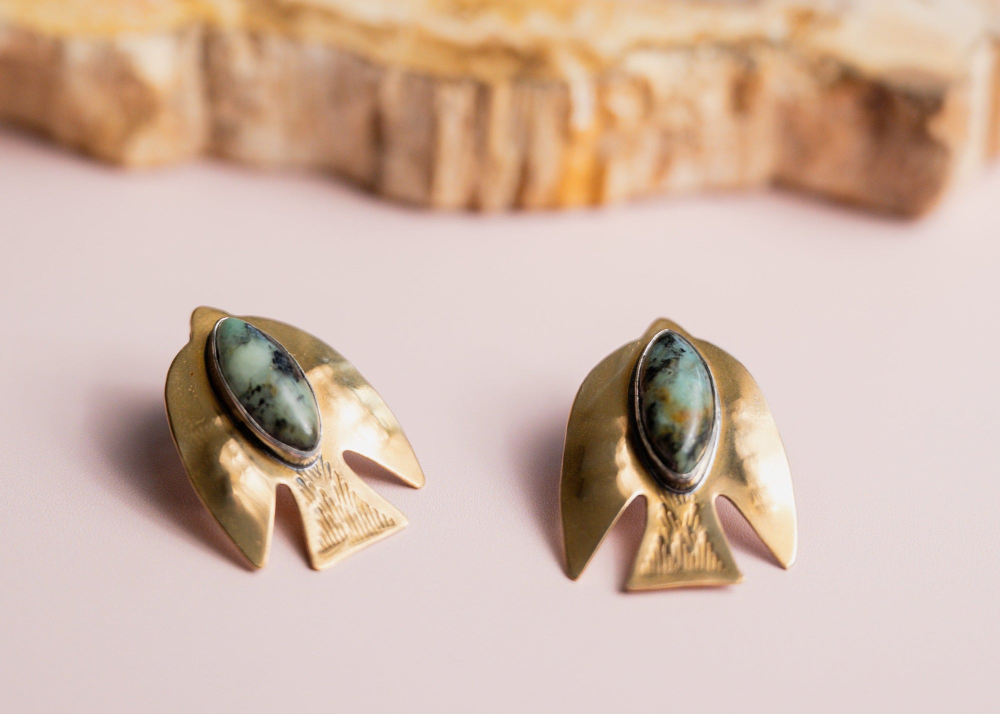 Paloma bird earrings with green gemstones by Claire Sommers Buck