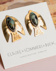 Paloma bird earrings with green gemstones by Claire Sommers Buck