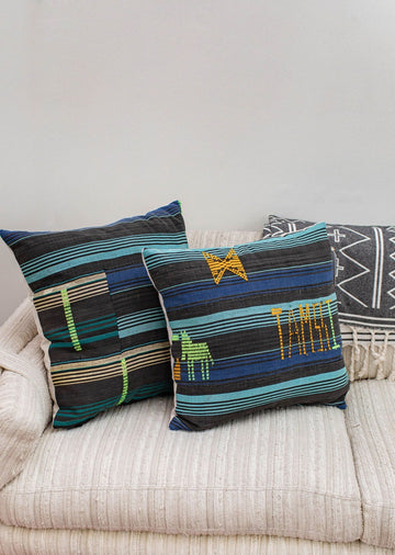 Norwegian Wood - Square Aqua, Blue, and Black Striped Pillow Cover
