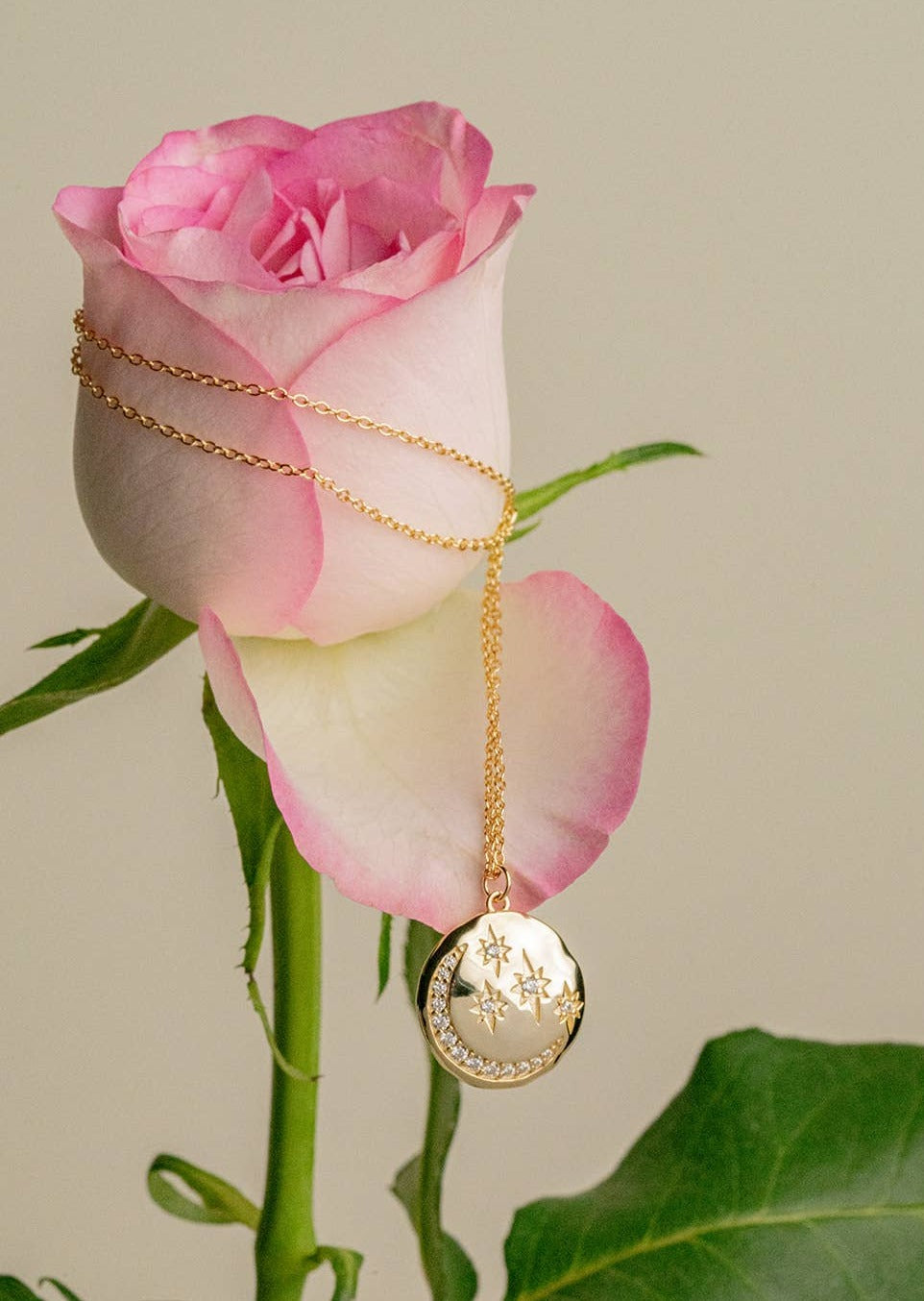 Moon and Stars Diamond Pendant Necklace on a pink rose