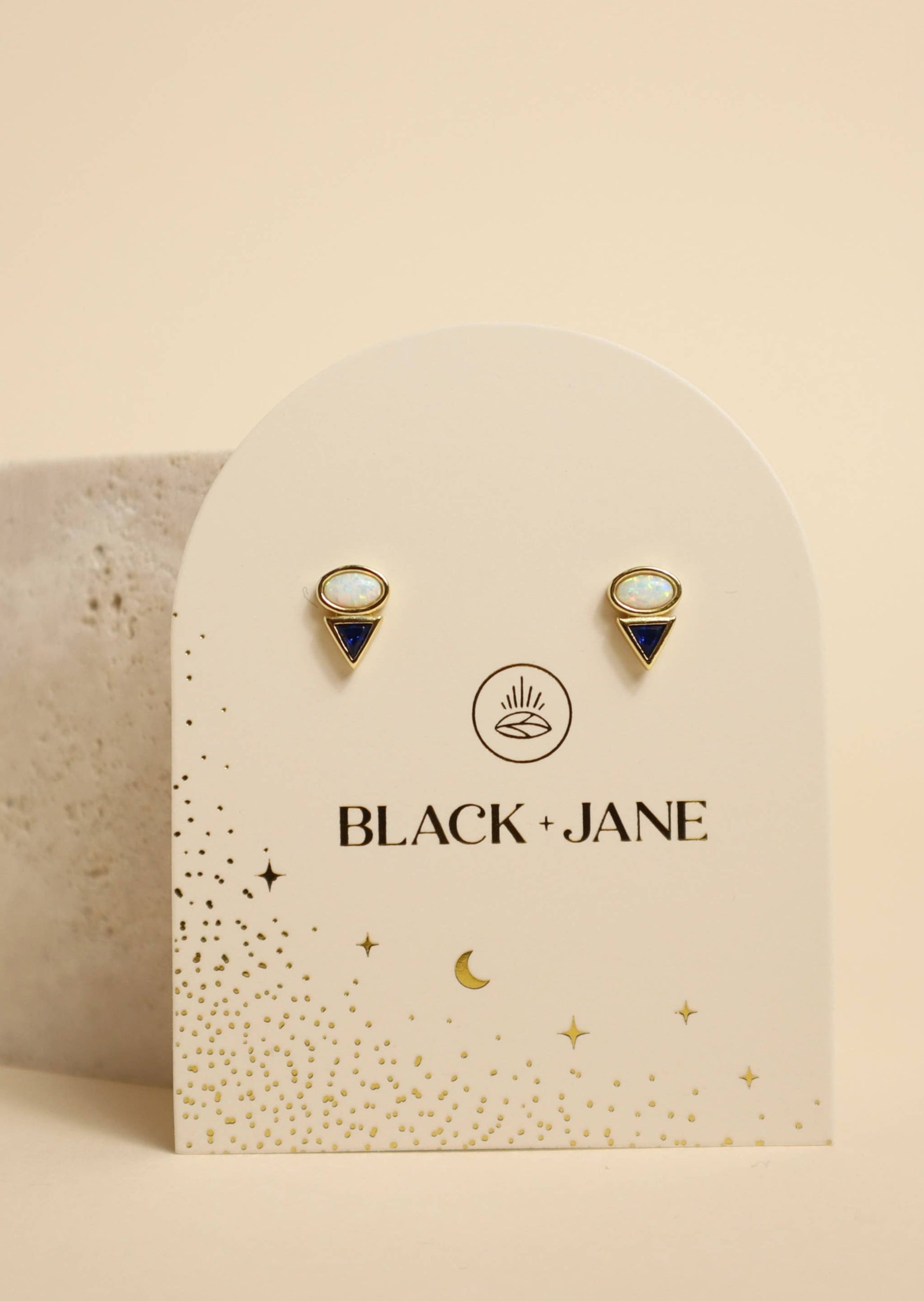 Opal and Sapphire Stud Earrings on Jewelry Cards