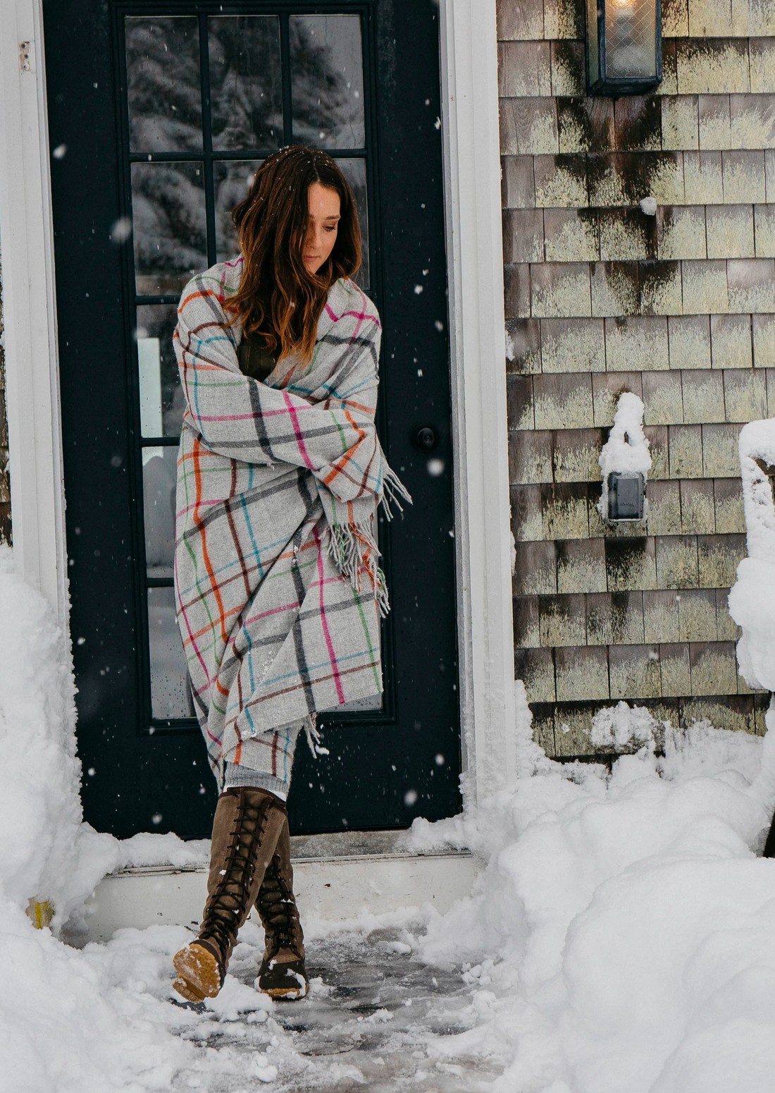 Merino Lambswool Throw in Fog Plaid Multi